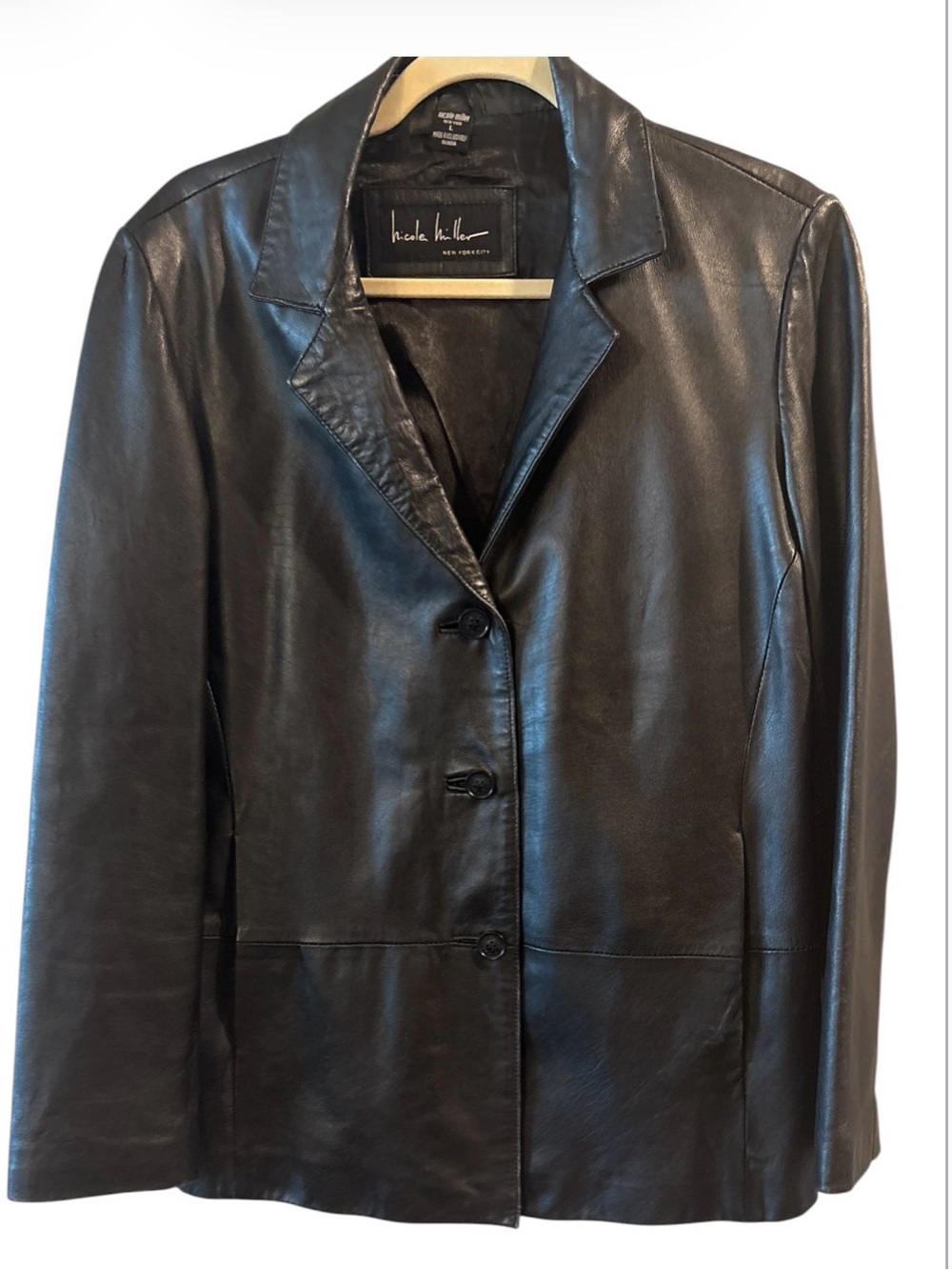 Vintage 90s Y2K Nicole Miller Black Leather Blazer Jacket Coat Collar L